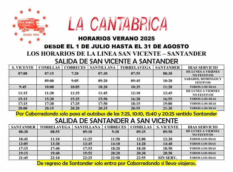 La Cantabrica horario de autobuses en Comillas